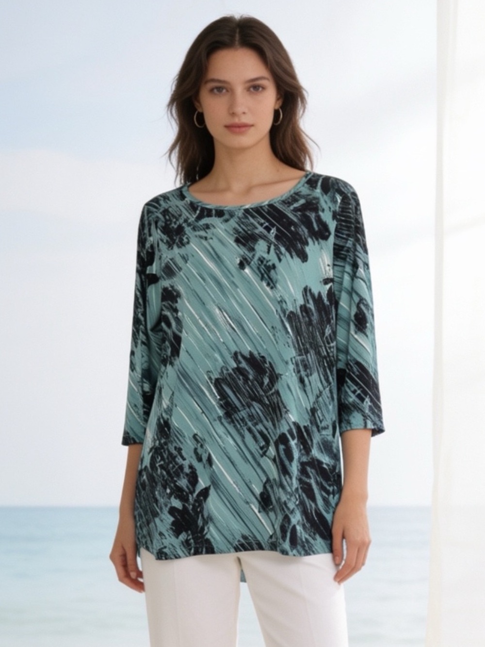 Christopher & Banks Aqua Blue Abstract Print 3/4 Sleeve Tunic Top Medium